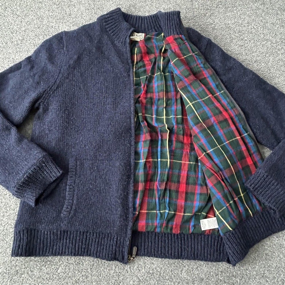 LL Bean Sweater Jacket Mens Large Blue Lambswool Full Zip Plaid Lined Cardigan - Picture 7 of 13
